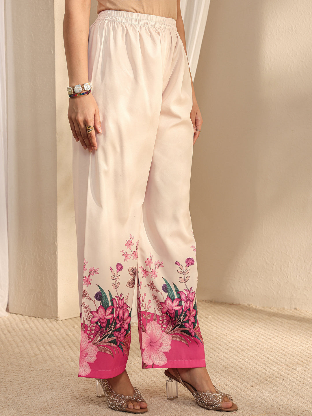 Ivory Floral Printed Silk Blend Straight Suit Set With Dupatta 