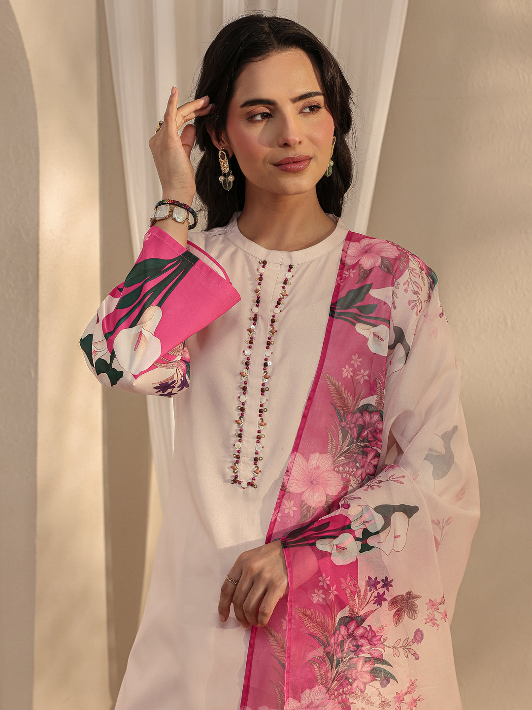  Ivory Floral Printed Silk Blend Straight Suit Set With Dupatta 