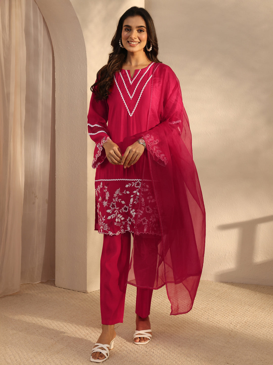  Red Floral Embroidered Silk Blend Straight Suit Set With Dupatta 