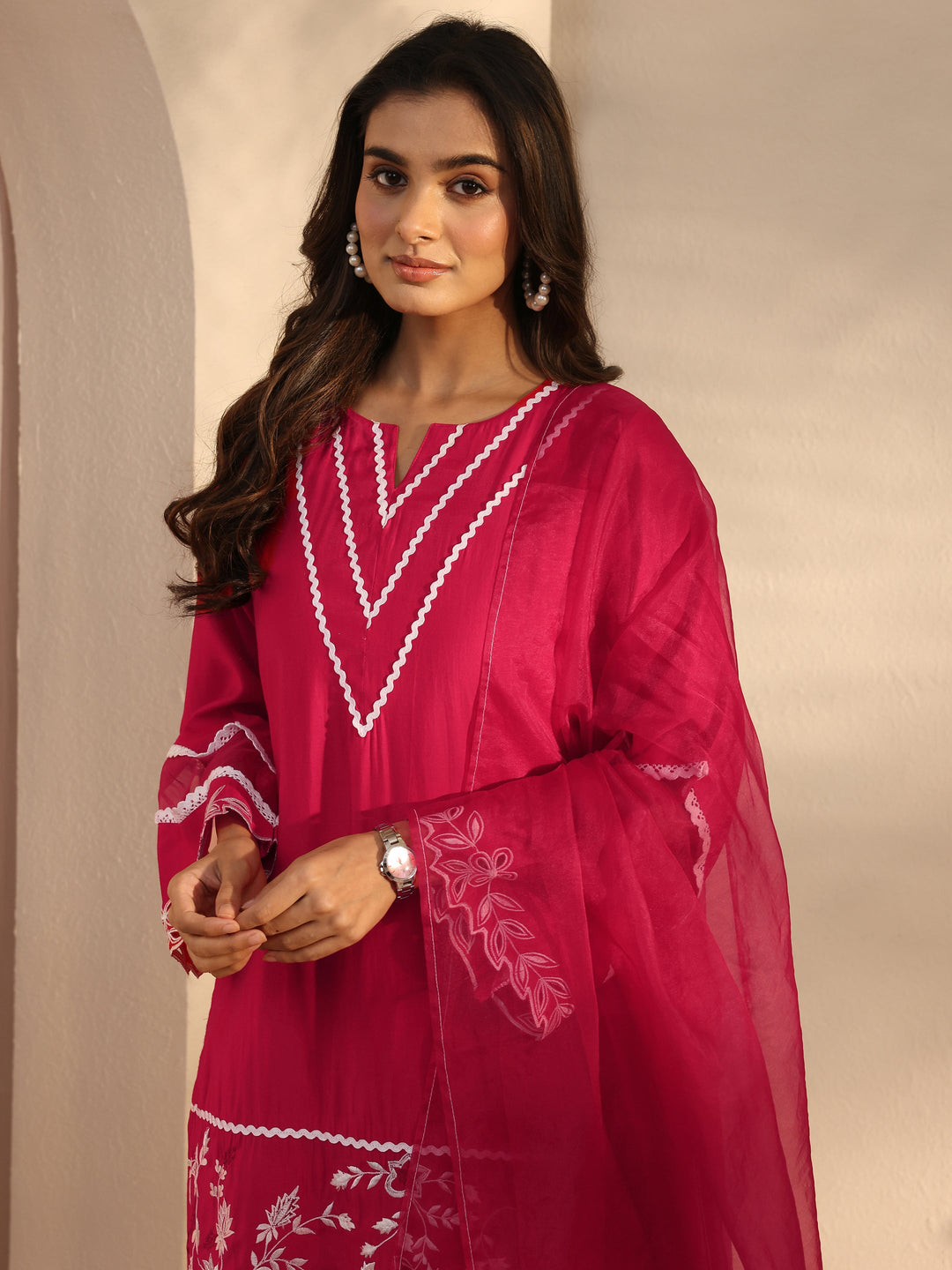  Red Floral Embroidered Silk Blend Straight Suit Set With Dupatta 