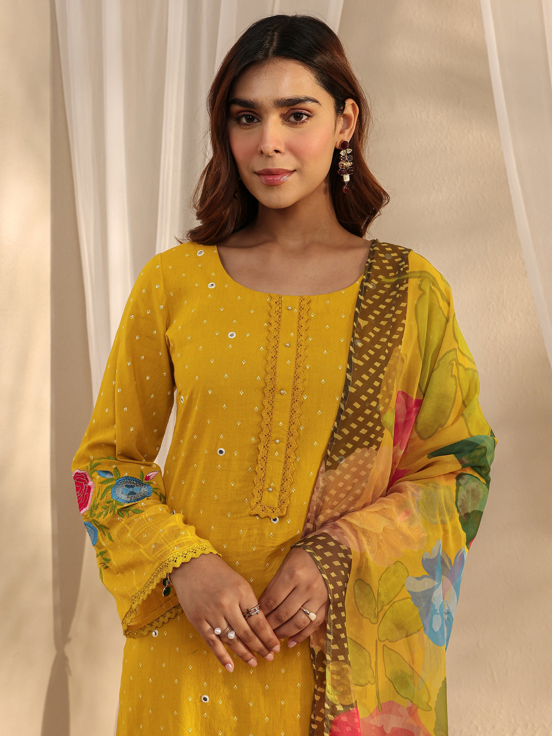  Mustard Floral Embroidered Cotton Blend Straight Suit Set With Dupatta 
