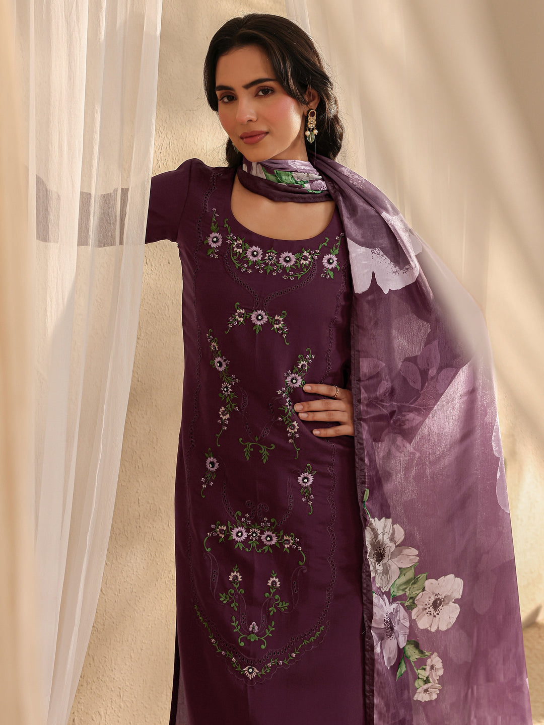  Magenta Floral Embroidered Silk Blend Straight Suit Set With Dupatta 