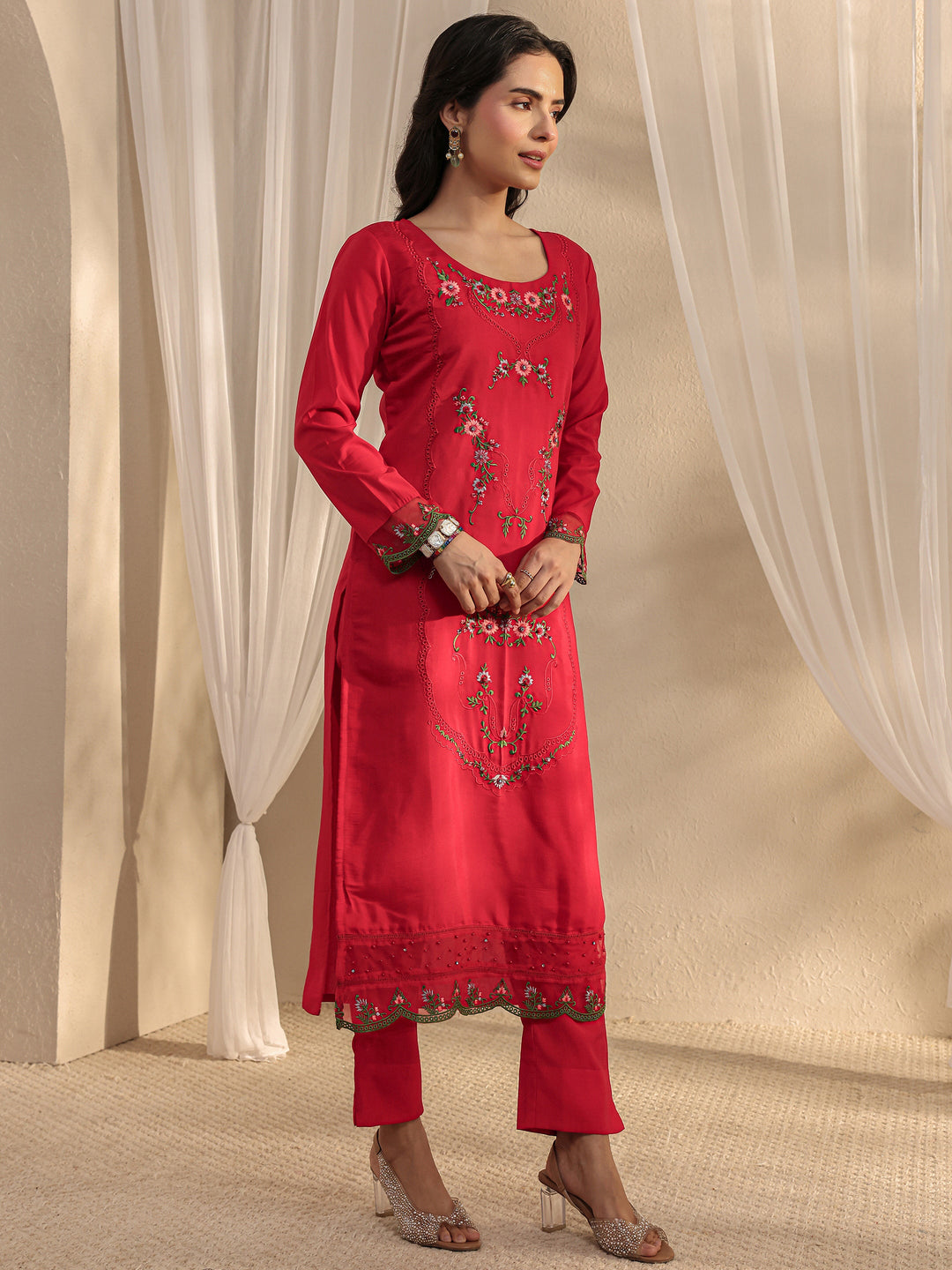  Red Floral Embroidered Silk Blend Straight Suit Set With Dupatta 
