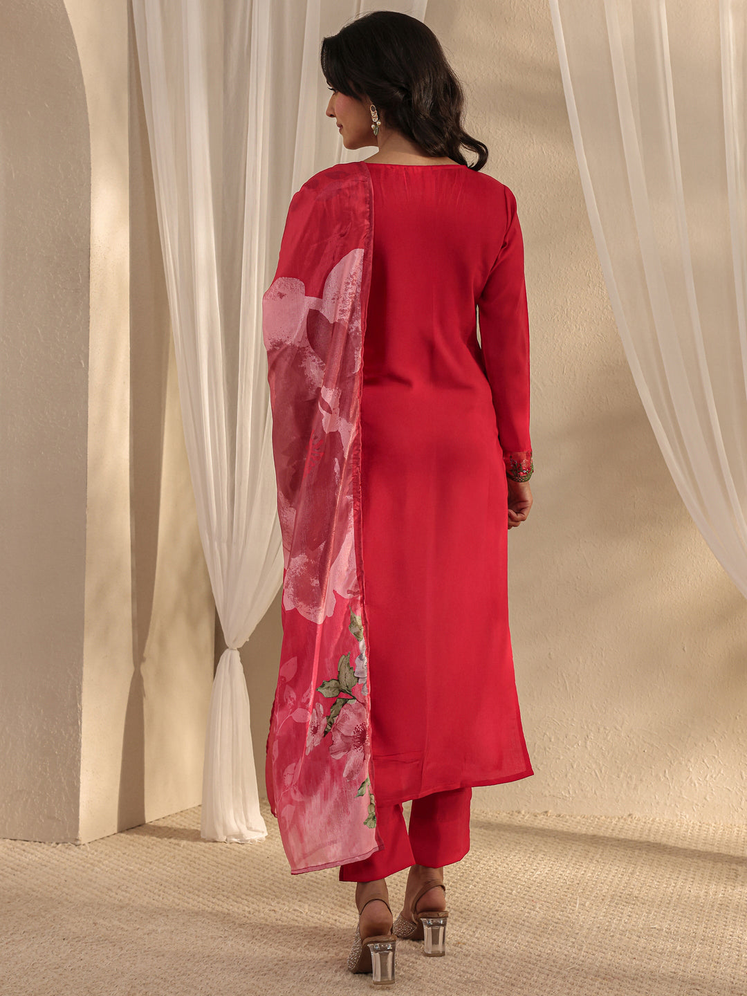  Red Floral Embroidered Silk Blend Straight Suit Set With Dupatta 