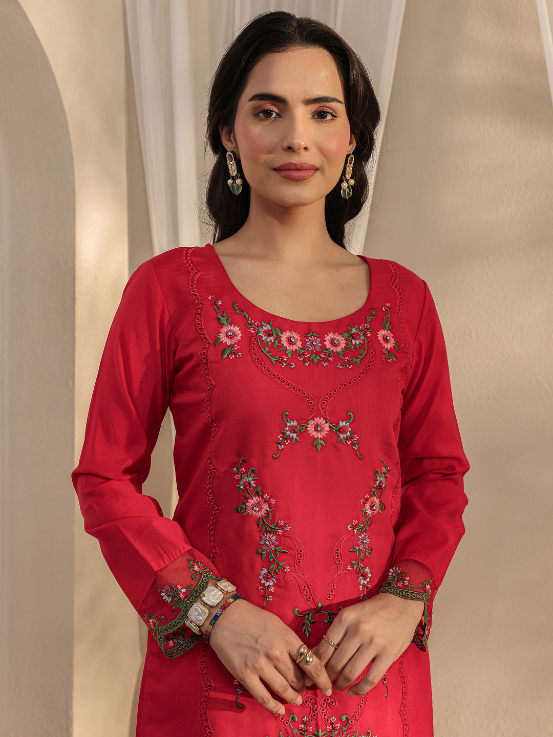  Red Floral Embroidered Silk Blend Straight Suit Set With Dupatta 