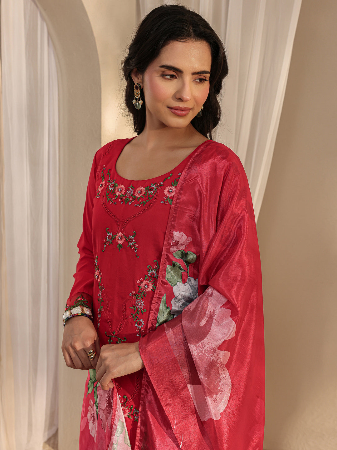  Red Floral Embroidered Silk Blend Straight Suit Set With Dupatta 