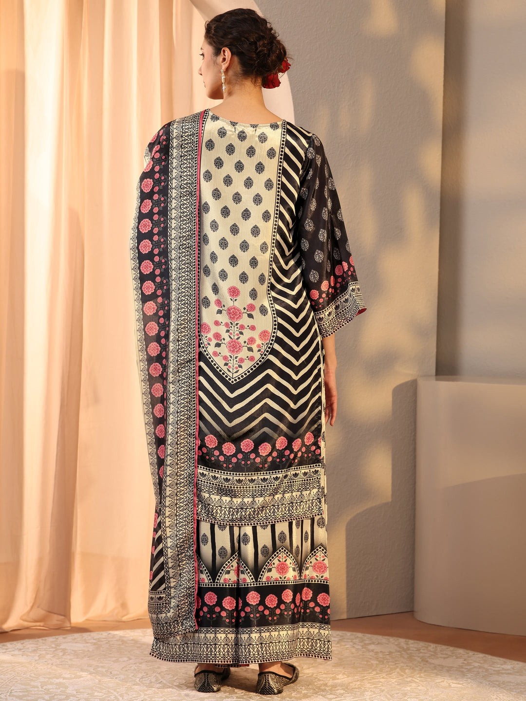 Black Chevron Printed Chinon Straight Suit Set With Dupatta 