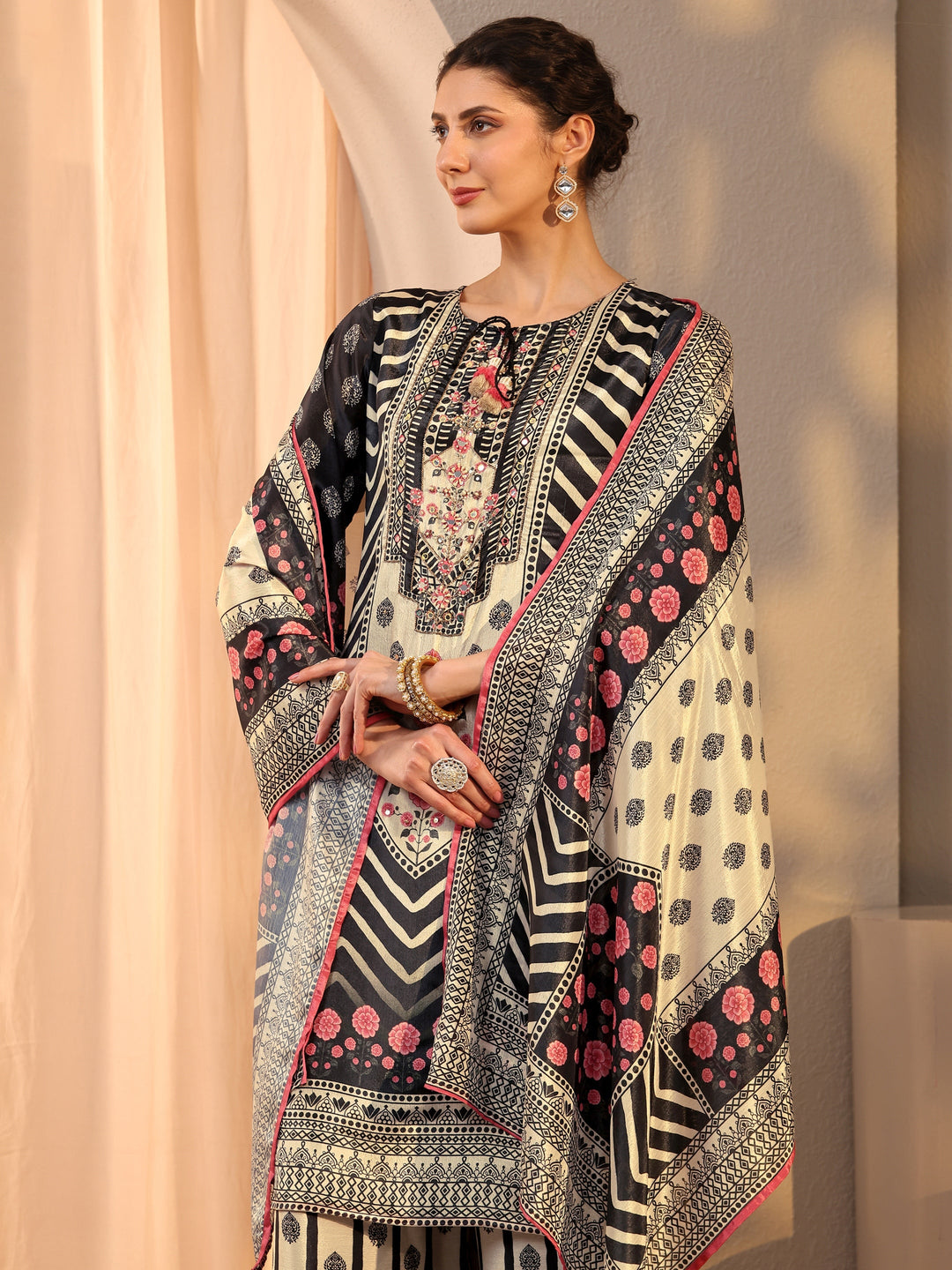  Black Chevron Printed Chinon Straight Suit Set With Dupatta 
