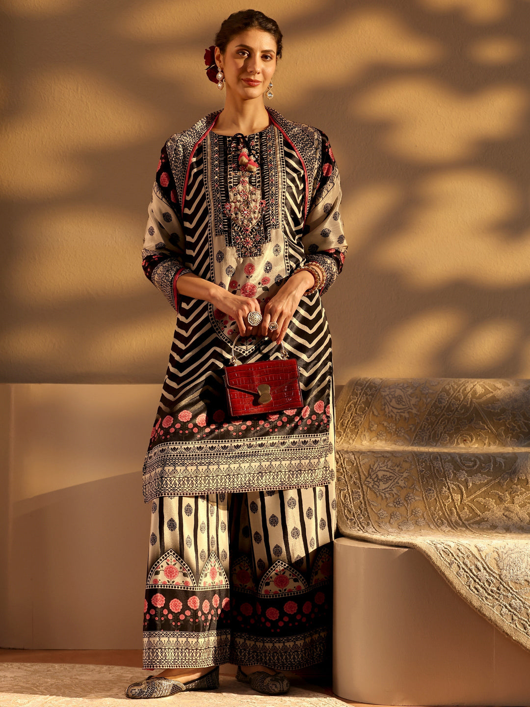  Black Chevron Printed Chinon Straight Suit Set With Dupatta 