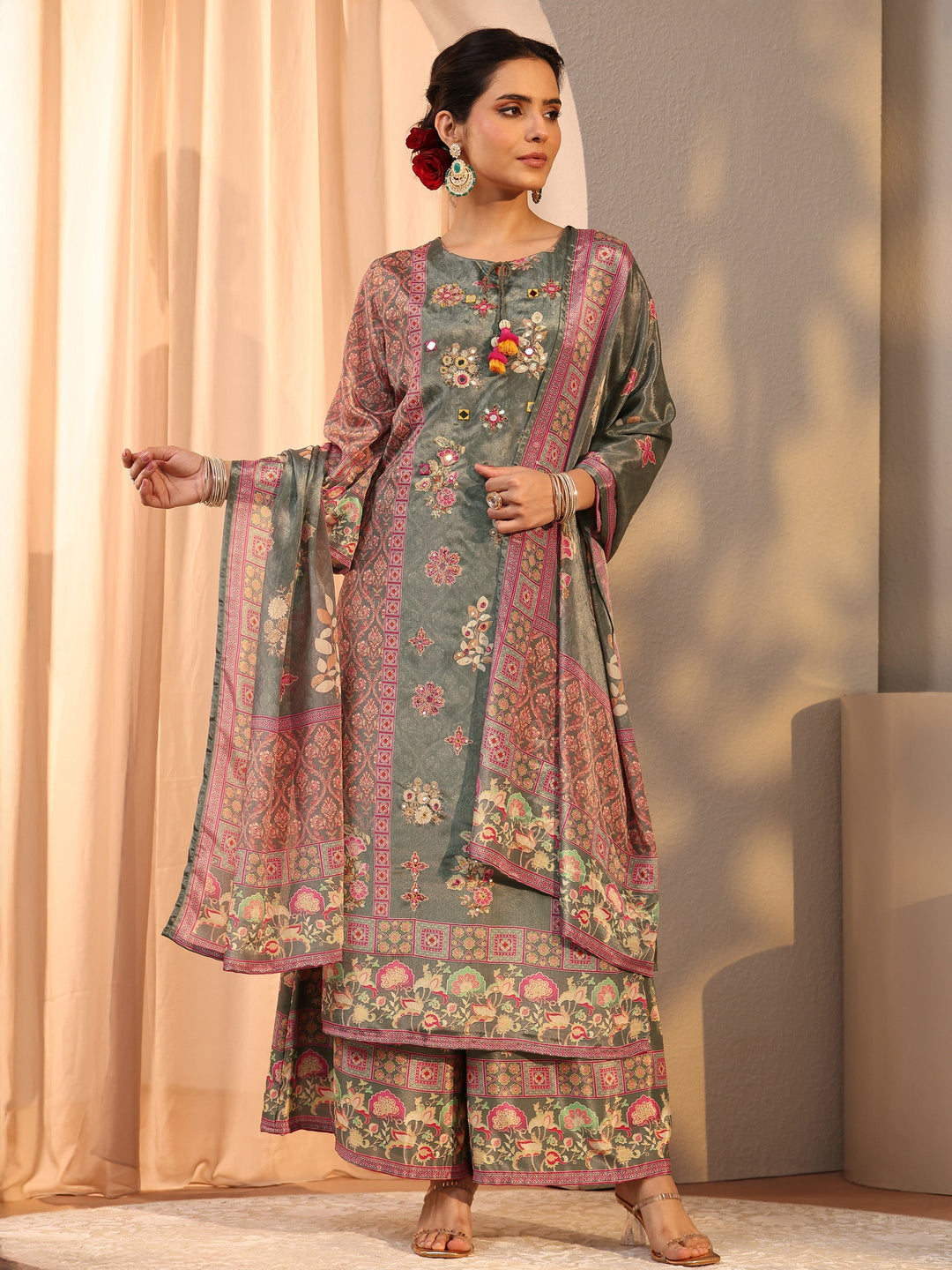  Green Printed Chinon Palazzo Suit Set With Dupatta 