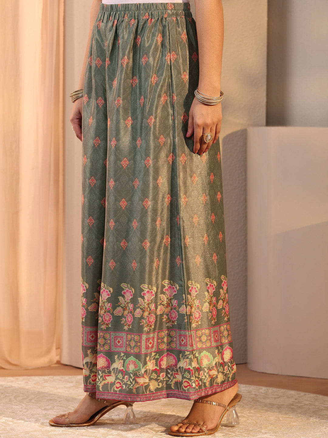  Green Printed Chinon Palazzo Suit Set With Dupatta 