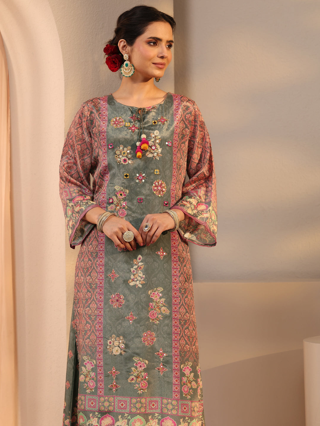  Green Printed Chinon Palazzo Suit Set With Dupatta 