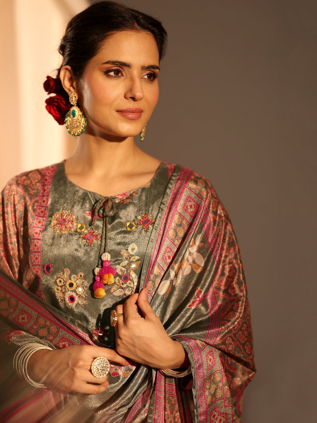  Green Printed Chinon Palazzo Suit Set With Dupatta 