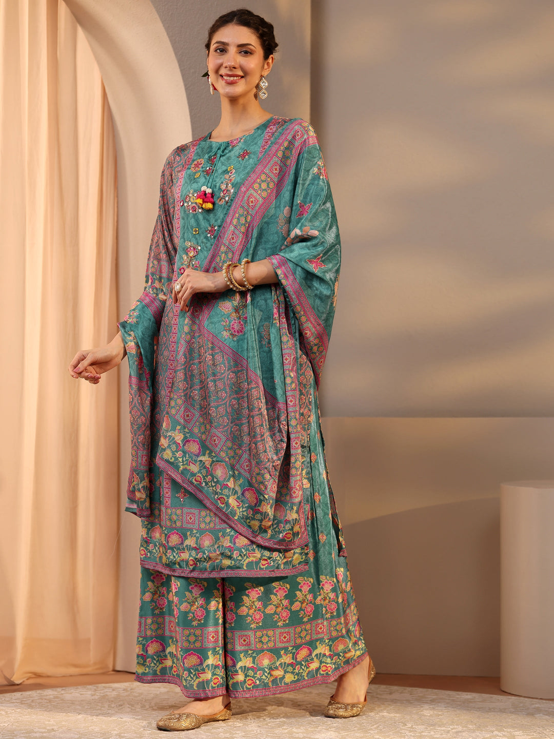  Green Printed Chinon Straight Suit Set With Dupatta 