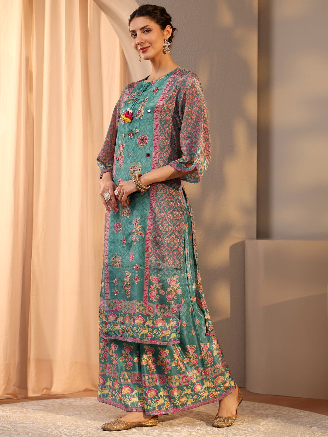  Green Printed Chinon Straight Suit Set With Dupatta 