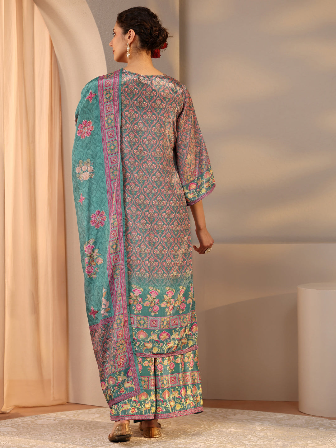  Green Printed Chinon Straight Suit Set With Dupatta 