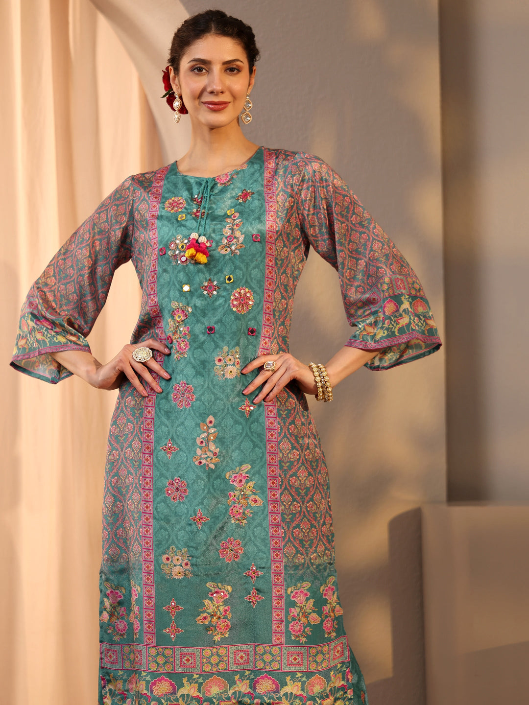  Green Printed Chinon Straight Suit Set With Dupatta 