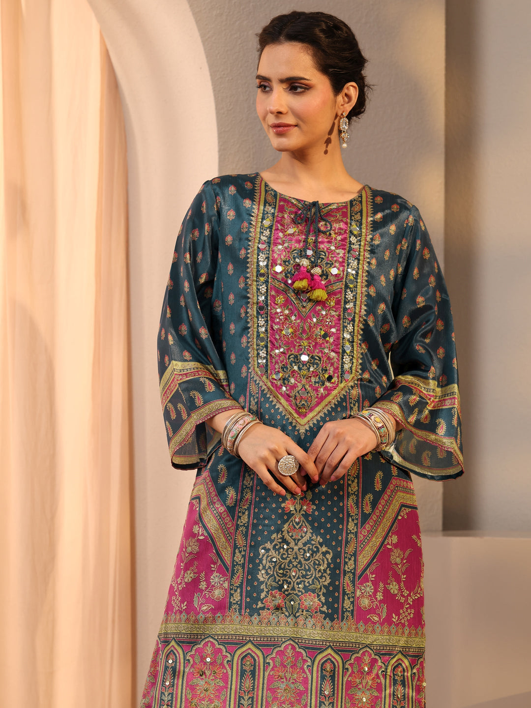  Blue Printed Chinon Palazzo Suit Set With Dupatta 
