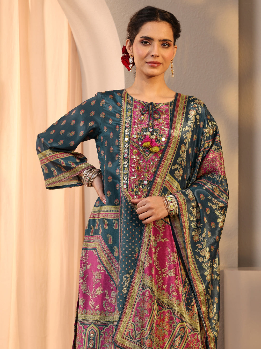  Blue Printed Chinon Palazzo Suit Set With Dupatta 