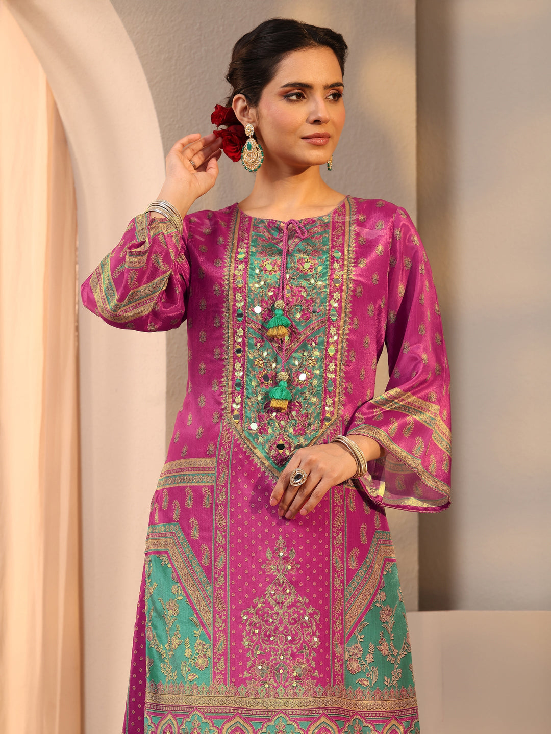  Pink Printed Chinon Palazzo Suit Set With Dupatta 