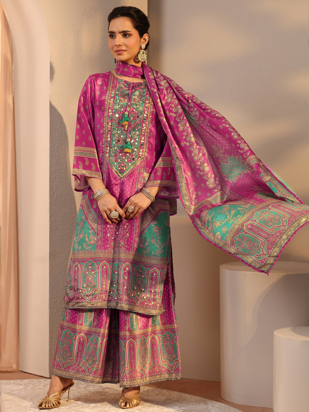  Pink Printed Chinon Palazzo Suit Set With Dupatta 