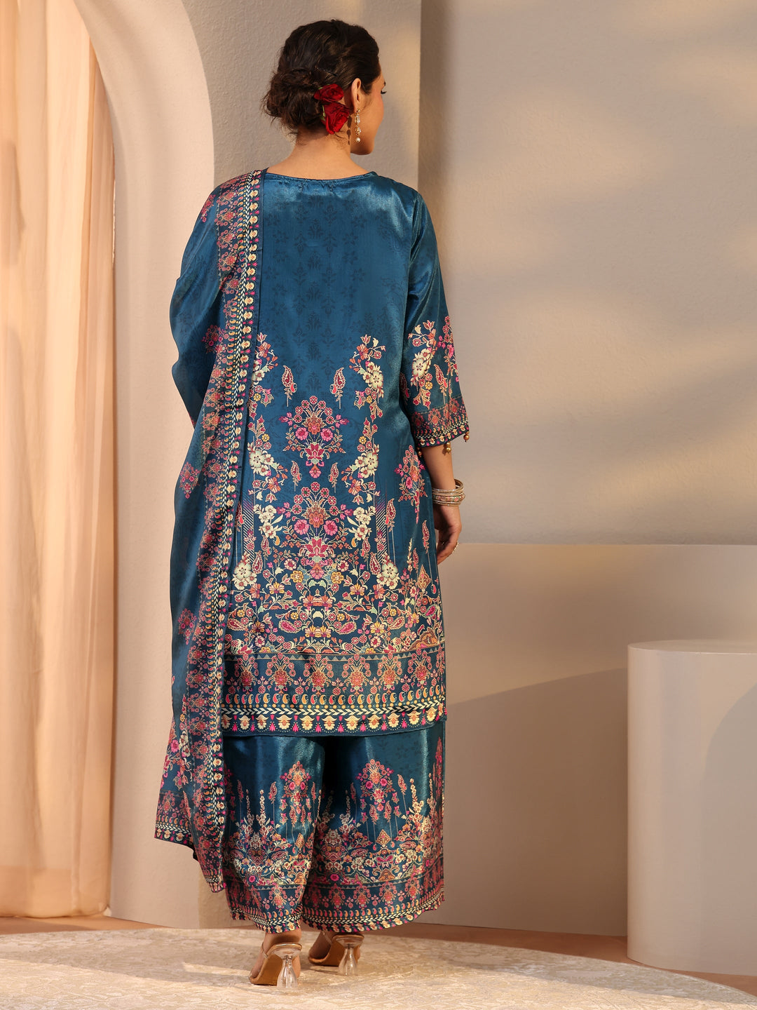  Blue Printed Chinon Palazzo Suit Set With Dupatta 