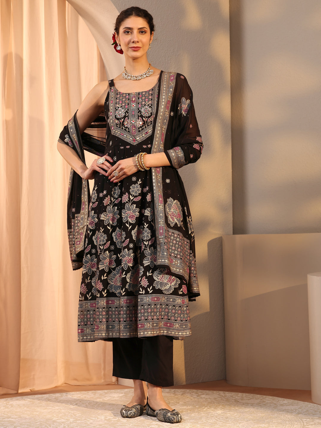  Black Floral Embellished Georgette A-Line Suit Set With Dupatta 