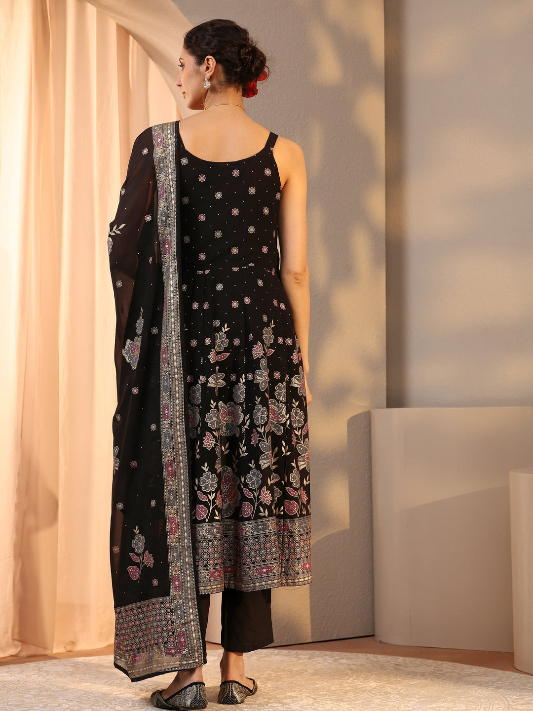  Black Floral Embellished Georgette A-Line Suit Set With Dupatta 