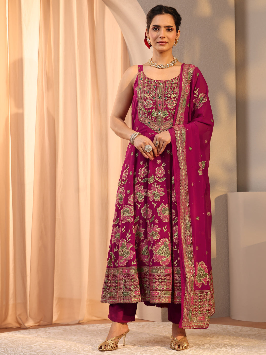  Pink Floral Printed Georgette A-Line Suit Set With Dupatta 