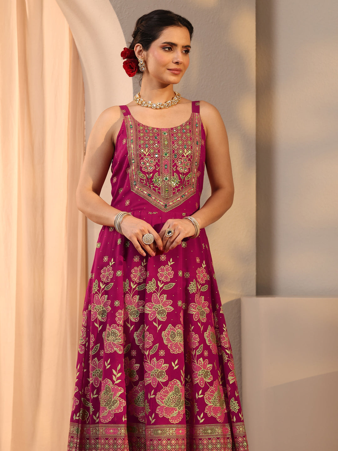  Pink Floral Printed Georgette A-Line Suit Set With Dupatta 