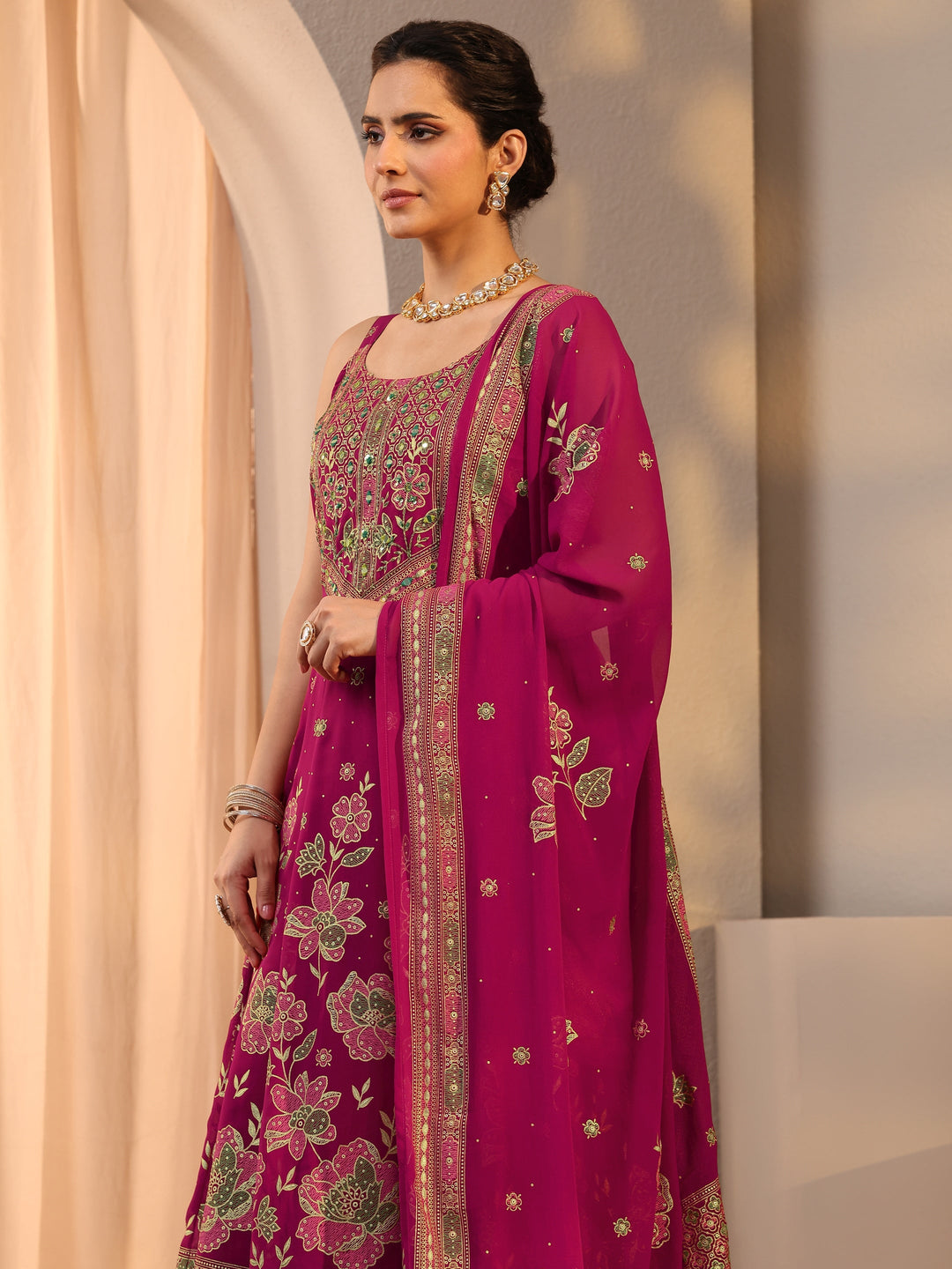  Pink Floral Printed Georgette A-Line Suit Set With Dupatta 