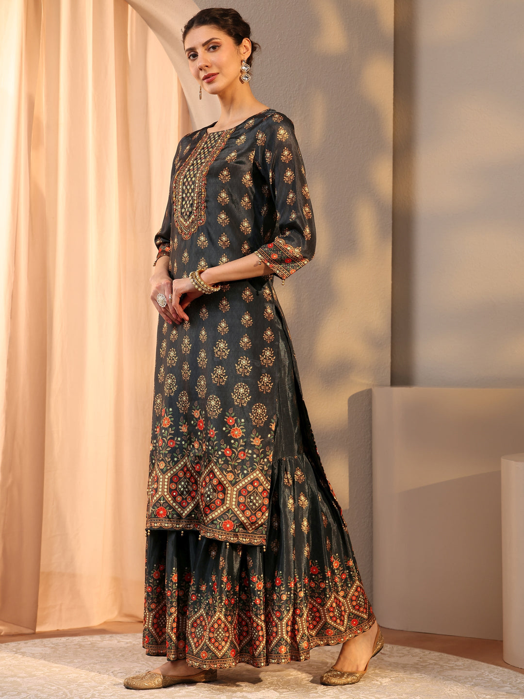 Black Printed Chinon Sharara Suit Set With Dupatta 