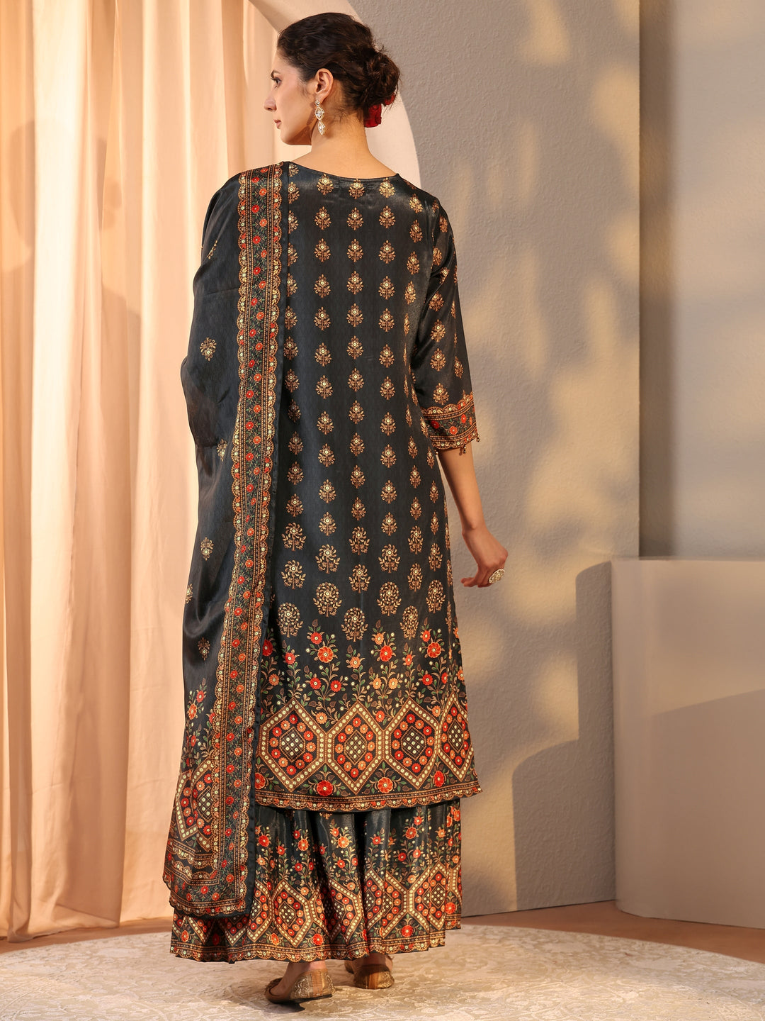  Black Printed Chinon Sharara Suit Set With Dupatta 