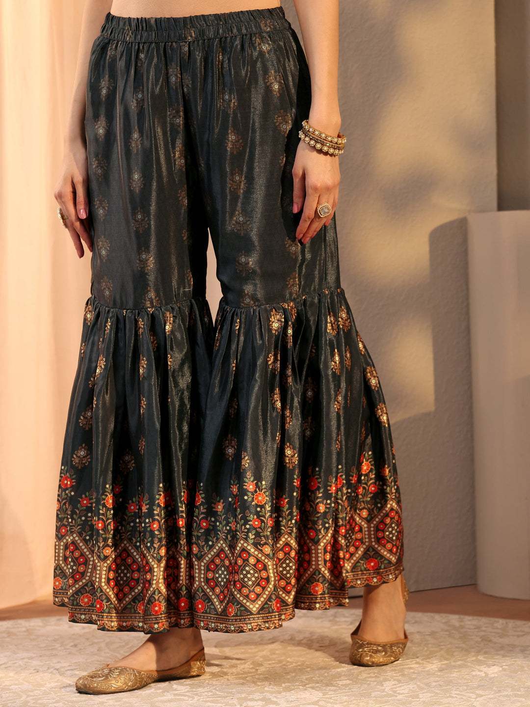  Black Printed Chinon Sharara Suit Set With Dupatta 