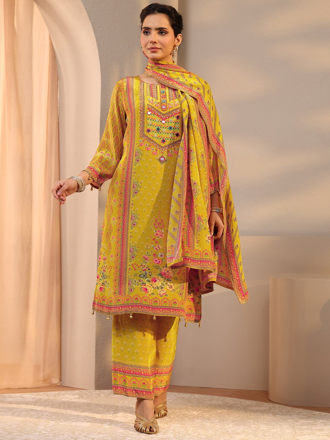  Mustard Printed Chinon Straight Suit Set With Dupatta 