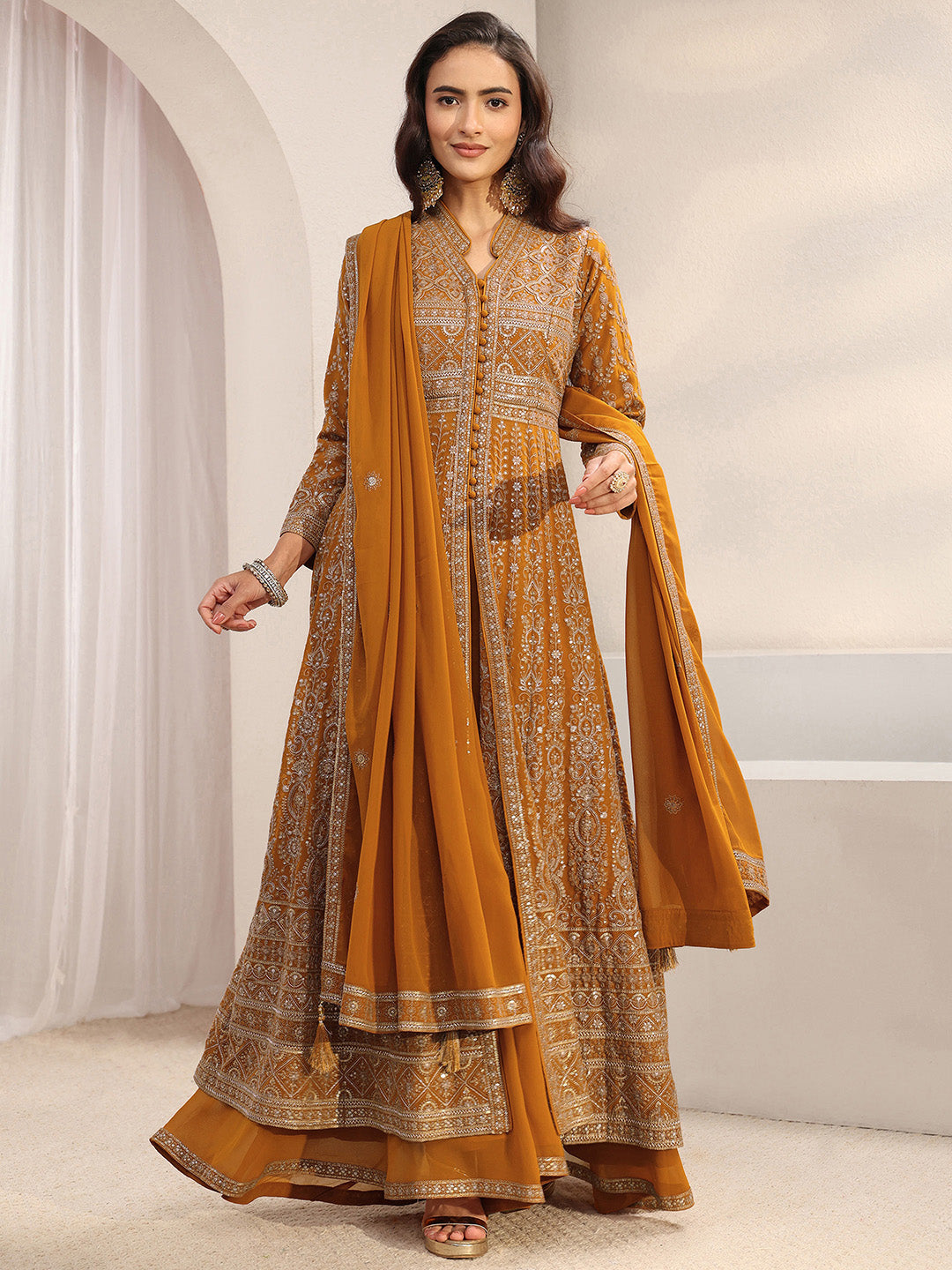  Libas Art Mustard Embellished Georgette A-Line Suit Set With Dupatta 
