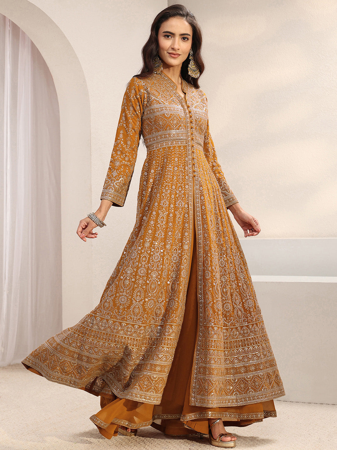  Libas Art Mustard Embellished Georgette A-Line Suit Set With Dupatta 