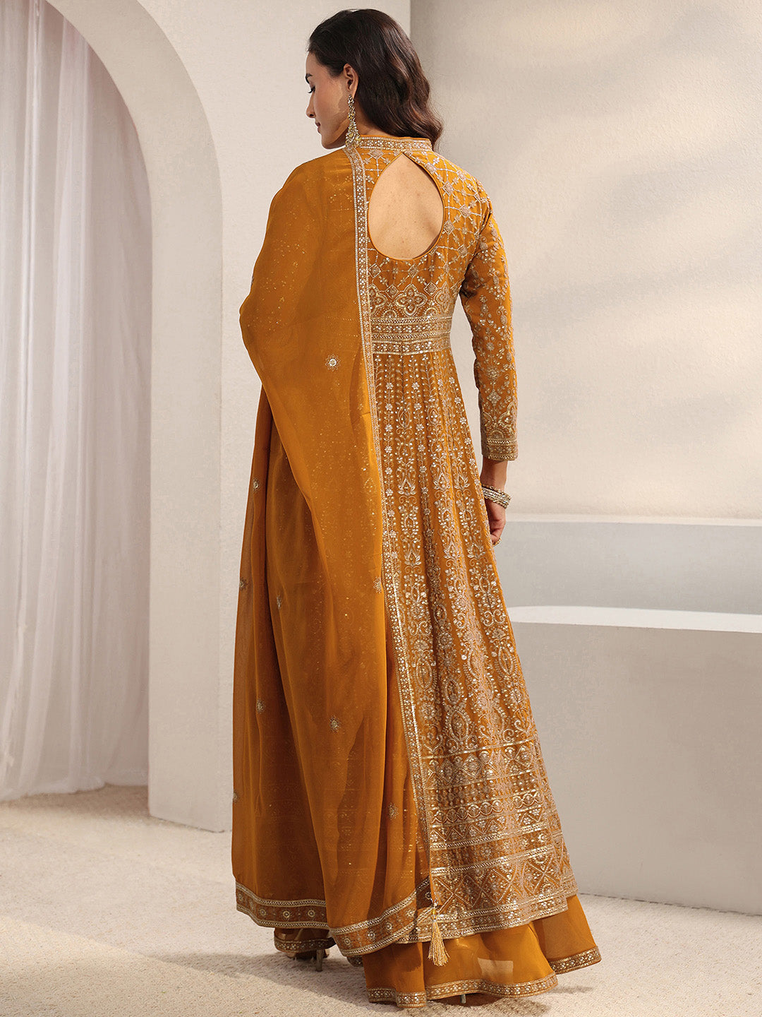 Libas Art Mustard Embellished Georgette A-Line Suit Set With Dupatta 