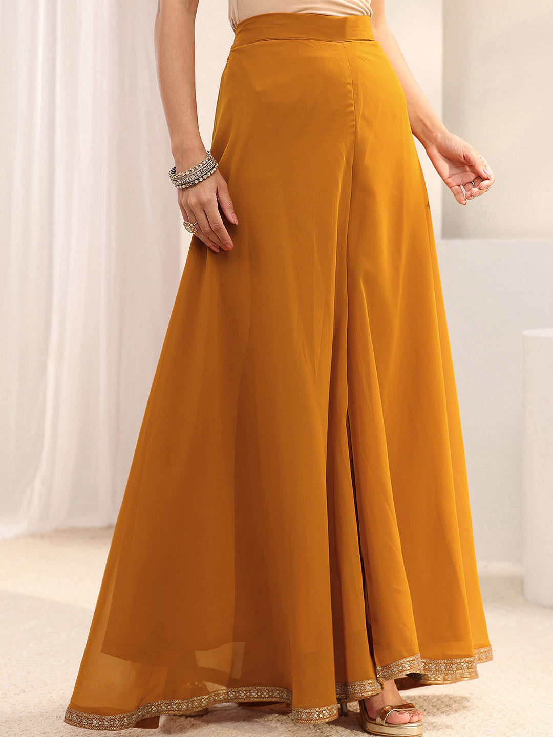  Libas Art Mustard Embellished Georgette A-Line Suit Set With Dupatta 