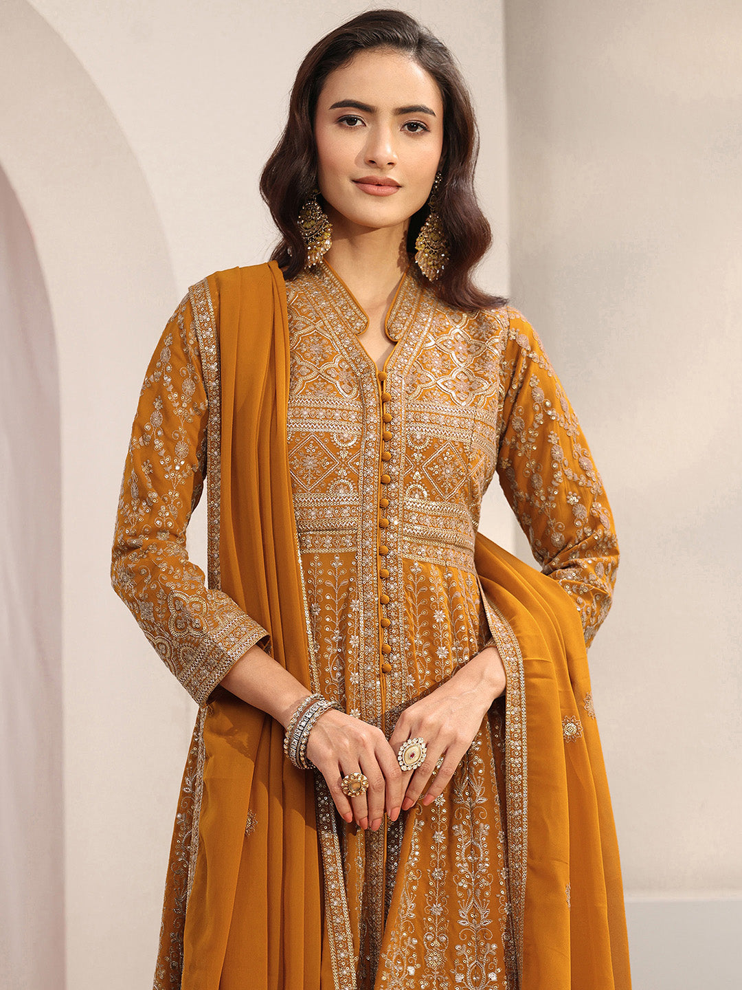  Libas Art Mustard Embellished Georgette A-Line Suit Set With Dupatta 