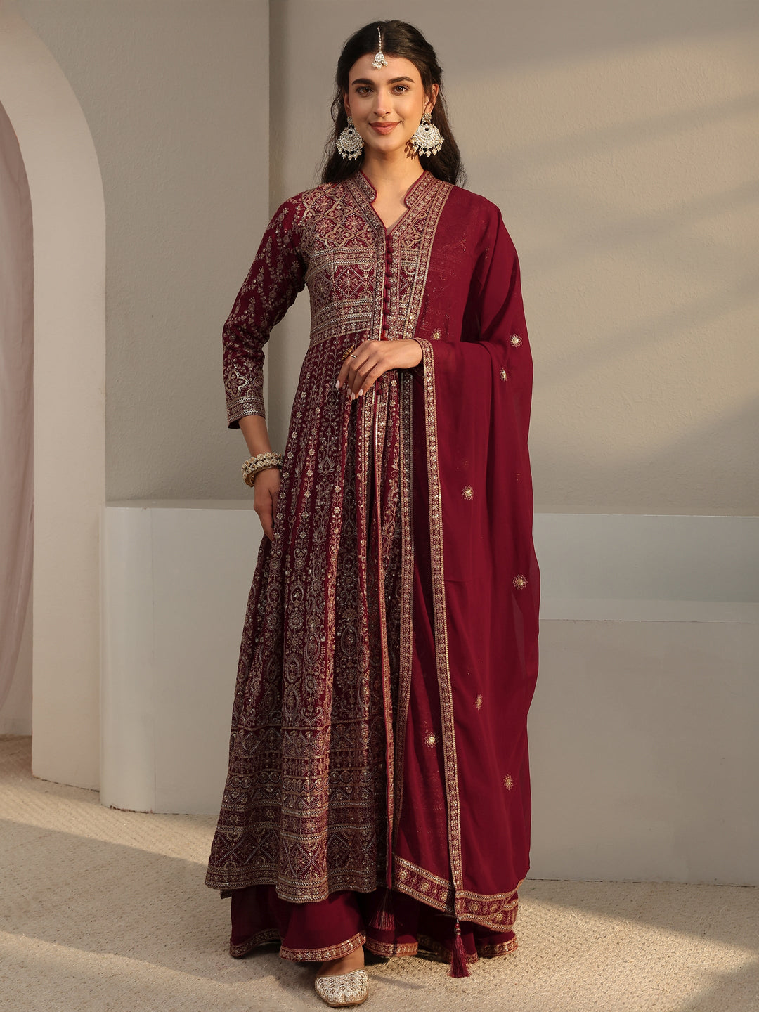  Libas Art Maroon Embellished Georgette Anarkali Suit Set With Dupatta 