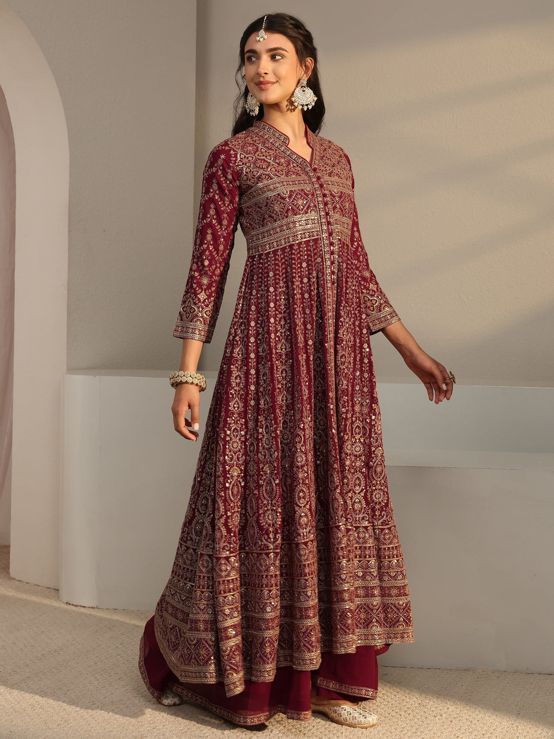  Libas Art Maroon Embellished Georgette Anarkali Suit Set With Dupatta 