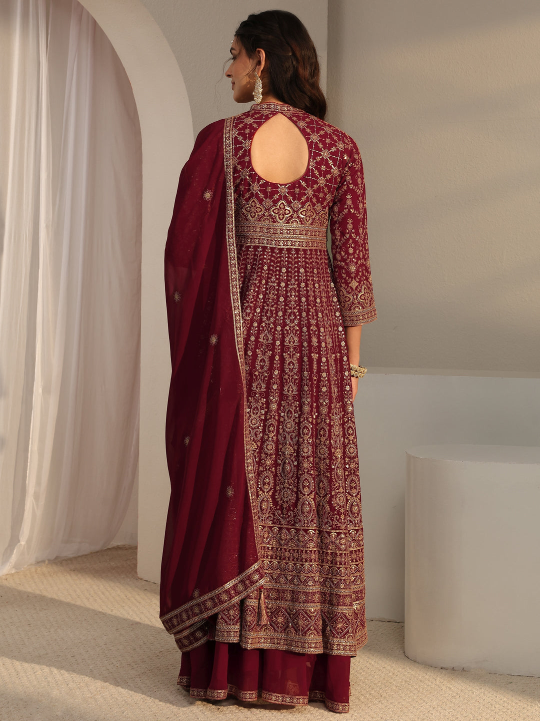  Libas Art Maroon Embellished Georgette Anarkali Suit Set With Dupatta 