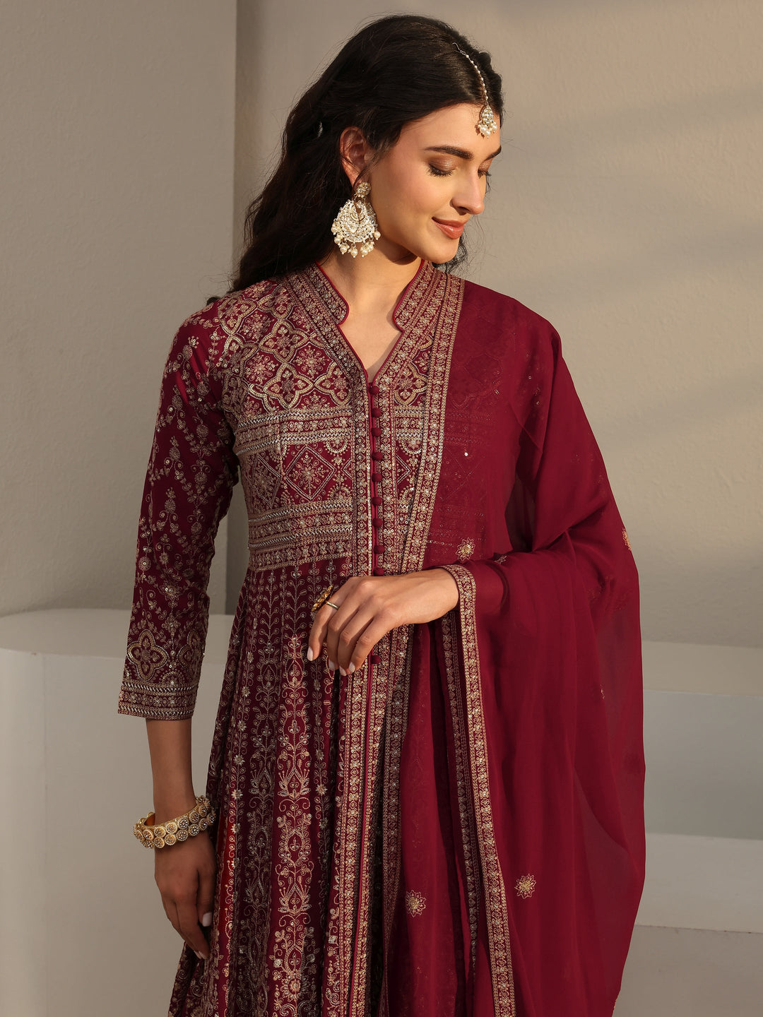  Libas Art Maroon Embellished Georgette Anarkali Suit Set With Dupatta 