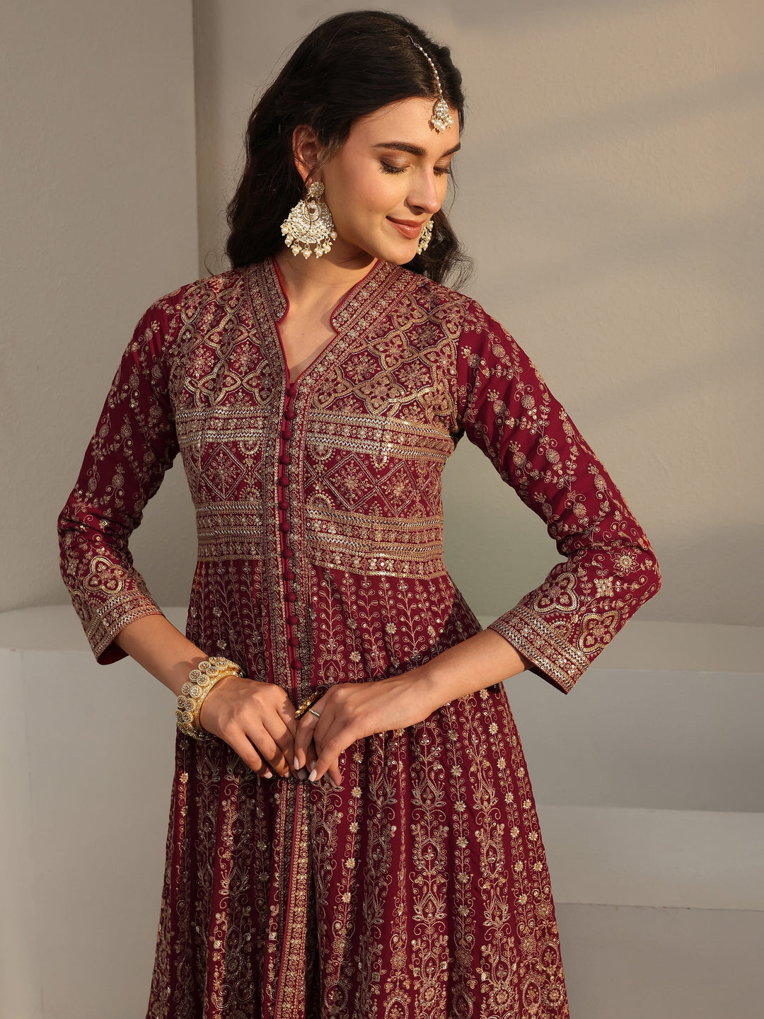  Libas Art Maroon Embellished Georgette Anarkali Suit Set With Dupatta 