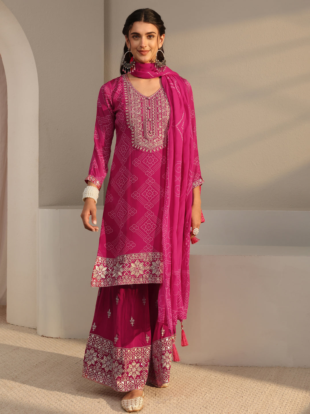  Libas Art Pink Bandhani Printed Georgette Palazzo Suit Set With Dupatta 
