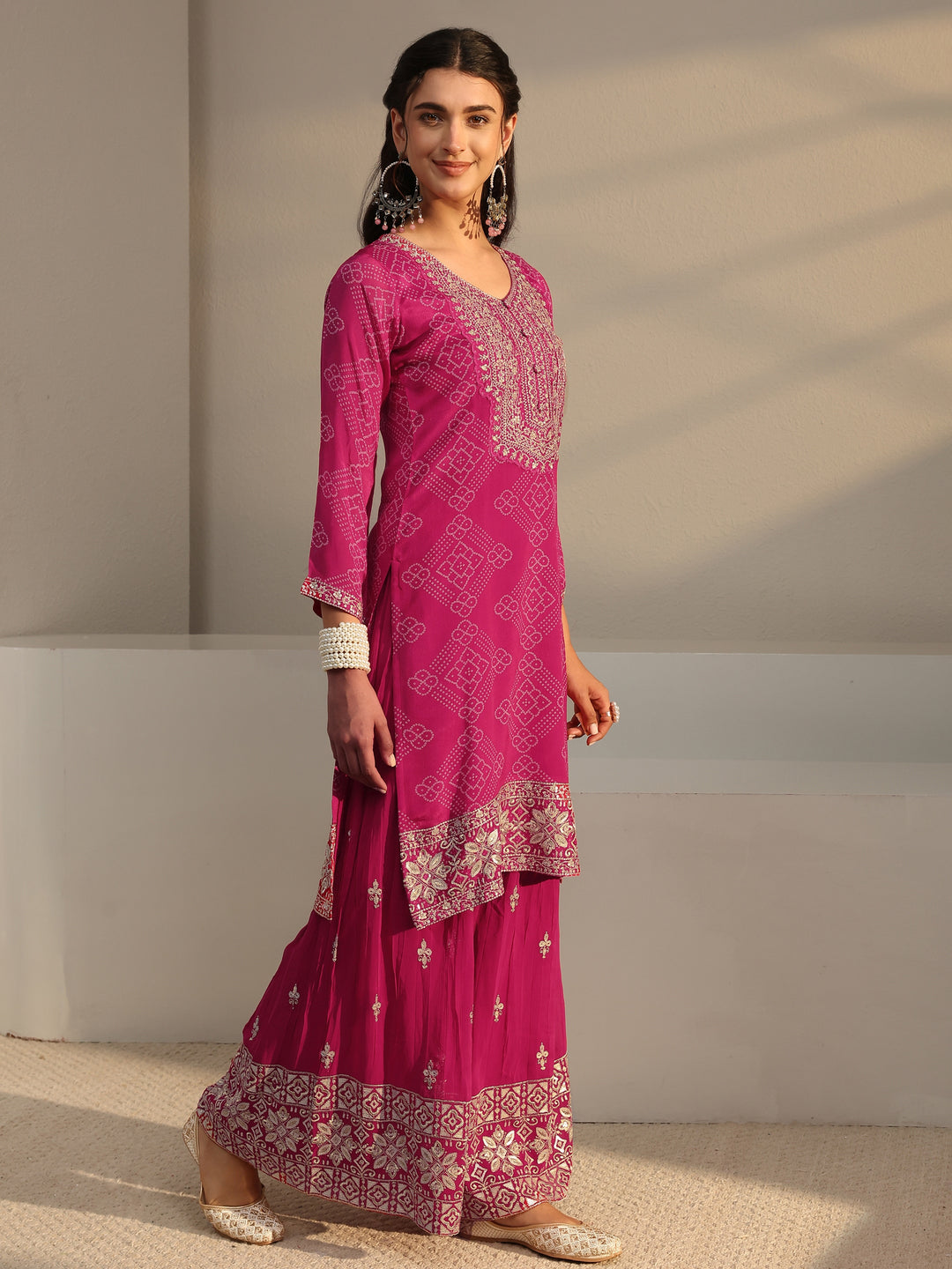  Libas Art Pink Bandhani Printed Georgette Palazzo Suit Set With Dupatta 