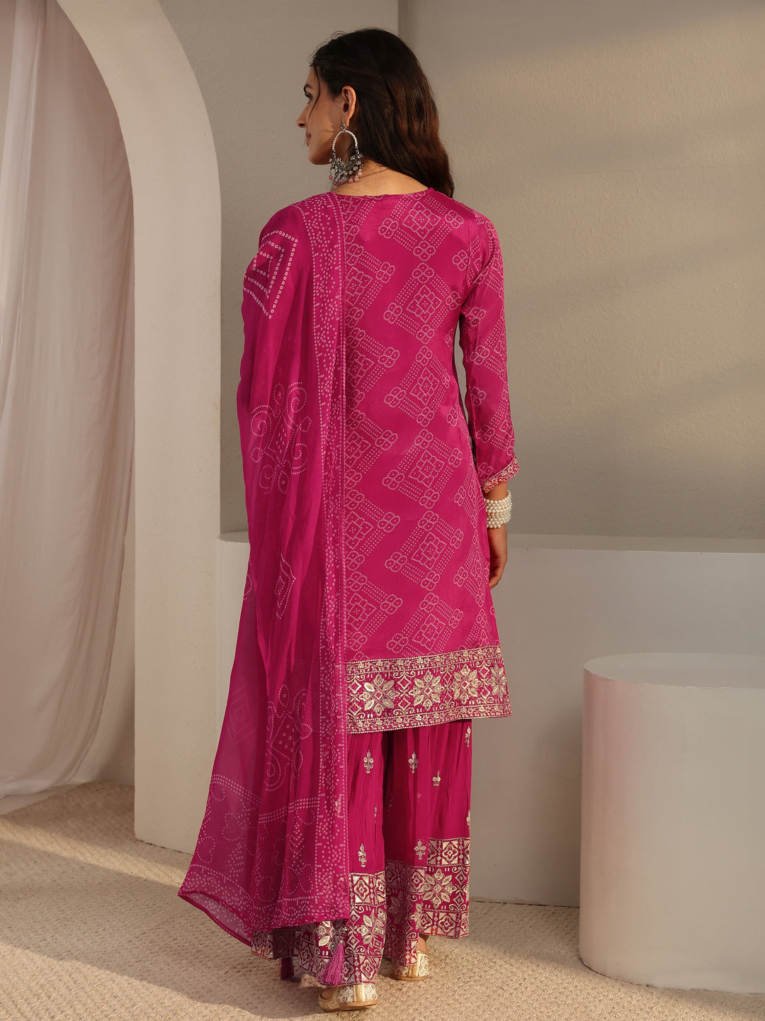  Libas Art Pink Bandhani Printed Georgette Palazzo Suit Set With Dupatta 