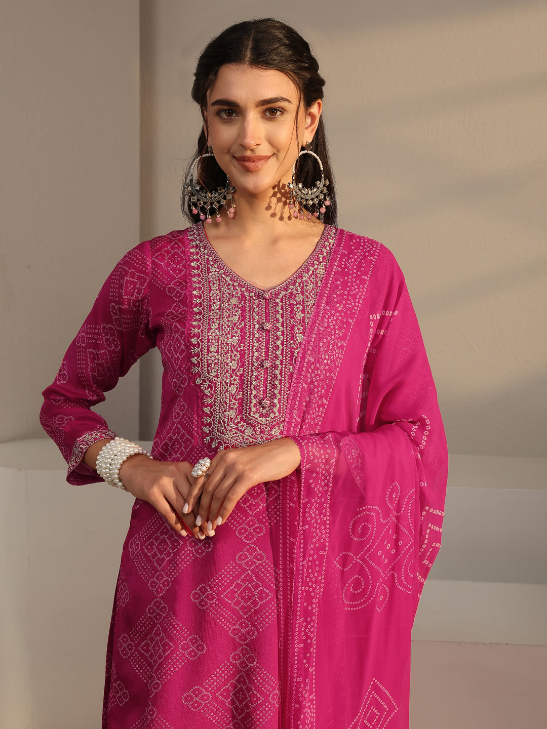  Libas Art Pink Bandhani Printed Georgette Palazzo Suit Set With Dupatta 