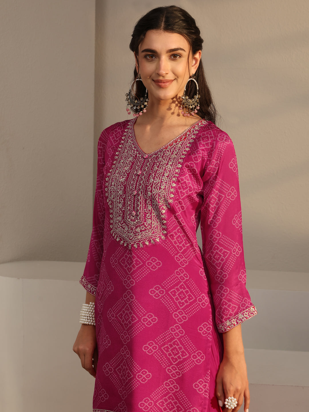  Libas Art Pink Bandhani Printed Georgette Palazzo Suit Set With Dupatta 